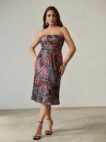 MOTF PREMIUM فستان حفلة بدون أكتاف من الشبك المرصع بالترتر، خريف/شتاء - متعدد الألوان - مشاهدة 4