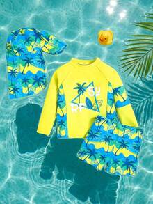 SHEIN Bộ đồ bơi 3 món in hình cây dừa thường ngày cho bé trai/bé gái quần short dài tay + mũ chống nắng, thích hợp cho kỳ nghỉ xuân/hè, đi chơi, du lịch, bãi biển, hồ bơi, tiệc tùng - màu xanh lá - Xem 3