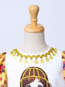 1 chiếc Abaya in họa tiết hoa ghép mảnh kiểu Lantern Girl, trang phục truyền thống Ả Rập, váy thường ngày có thắt cổ và tay ngắn - Màu vàng - Xem 5