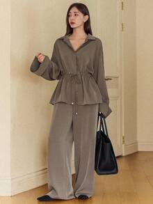 Dazy-Less Bộ 3 món đồ nữ áo khoác cardigan dài không tay dáng rộng thanh lịch, trang nhã, thoải mái khi đi làm và quần ống đứng, phù hợp cho mùa thu, xuân, năm mới, giáng sinh - Cà phê nâu - Xem 4