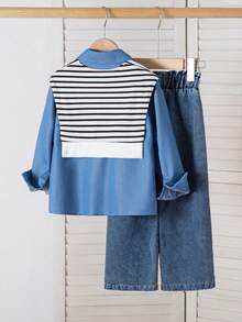 SHEIN Genkimix Kids 1pc Girls' Turndown Collar Long Sleeve Button-Up Striped Shirt With Embroidered Front Graphic, Casual Top For Autumn - Blue - View 2