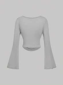 SHEIN MOD 3pcs Women Casual Solid Color Bell Sleeve Ruched T-Shirts - Grey - View 8