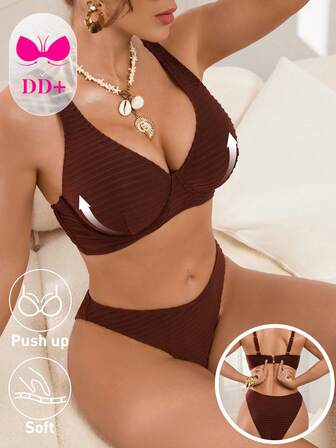 Swim DD+ Women's Summer Beach Striped Minimalist Bikini Set