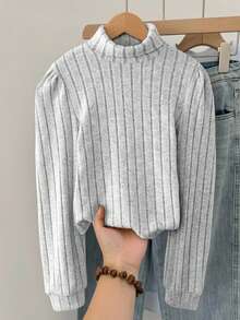 SHEIN Serisse Kids Tween Girls Solid Grey Textured Ribbed Fabric Mock Neck Lantern Sleeve Long Sleeve Tee, Casual Daily Wear Long Sleeve Top Turtleneck Knit Top Girl Knit Top Girls Knit Jumper Tween Ribbed Knit Top Solid Gray Turtleneck - Grey - View 6