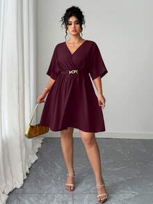 Elenzga Váy dạ hội ngắn màu đỏ cổ chữ V thanh lịch, eo cao, phong cách giản dị và tối giản cho mùa hè - Màu đỏ tím - Xem 4