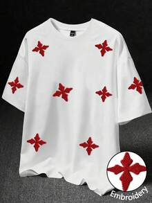 Manfinity EMRG 男士街头风全刺绣休闲日常T恤，送给男友、老公、周年纪念日的礼物，白色T恤，男士设计师T恤，2000年代风格 - 白色 - 查看 3