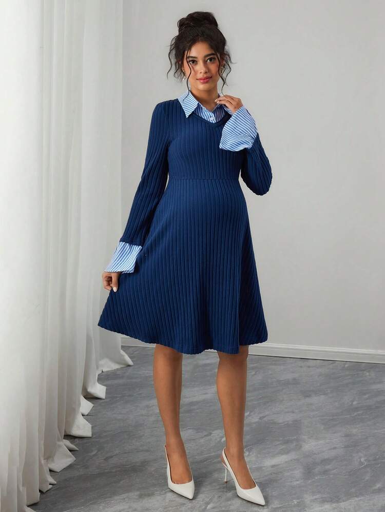 SHEIN Vestido de fiesta y trabajo de maternidad con cuello de camisa, parches de costilla y mangas acampanadas - Azul - Añade 5
