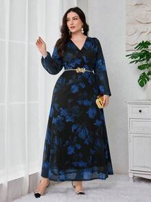 Modelyn 大码女式印花V领薄纱灯笼袖优雅长款晚礼服 - 藏蓝色 - 查看 1