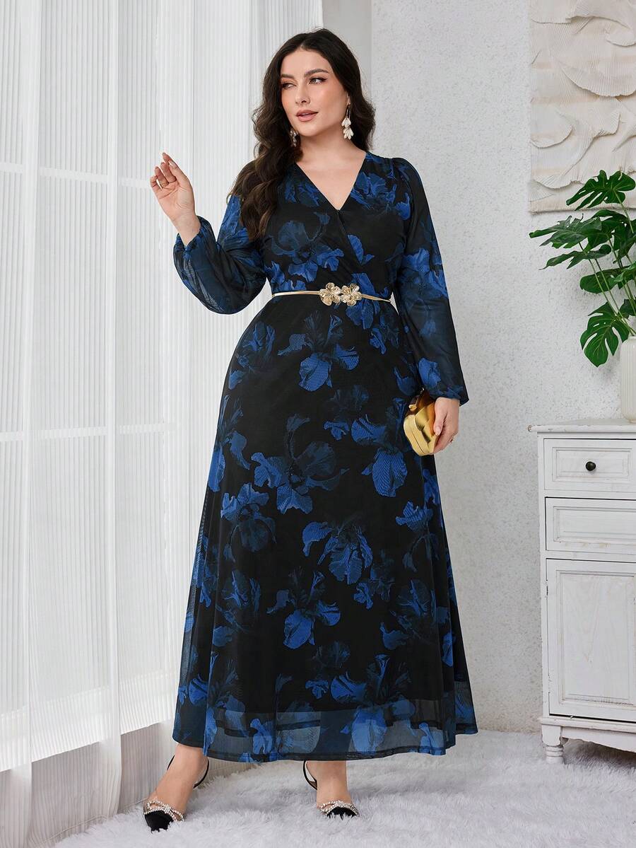 Modelyn 大码女式印花V领薄纱灯笼袖优雅长款晚礼服 - 藏蓝色 - 查看 1