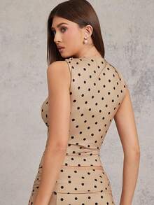 L'Amorae Women's Polka Dot Knot Shoulder Tank - Khaki - View 5