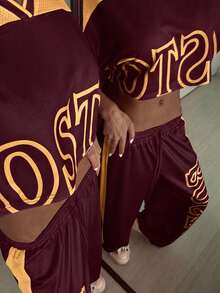 StreetHx Bộ 2 áo crop top + quần nỉ in họa tiết tương phản cho nữ - Nhiều màu - Xem 7