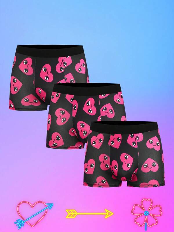 Notgurli 3pcs/Pack Men's Funny Heart Print Comfortable Boxer Briefs, Valentine's Day Gift