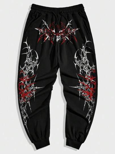 Goth Pantaloni della tuta casual da uomo con stampa a contrasto di colore e coulisse