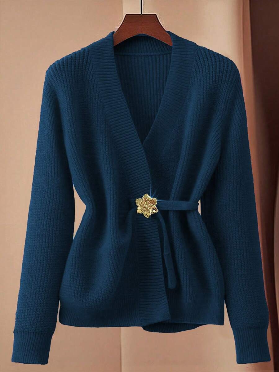 GlowEve CURVE Áo len cardigan dệt kim mùa đông cỡ lớn cho nữ, áo len cài nút đơn giản, thời trang, màu trơn - Xanh đậm - Xem 1