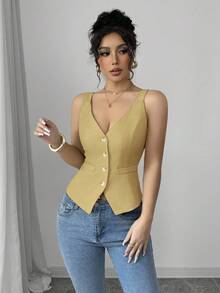 Elenzga Summer Casual Commuter Solid Color Front Button Camisole - Pale Yellow - View 6