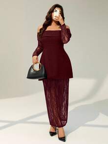 Auralis Plus Size Off Shoulder Solid Color Lace Patchwork Dress - Burgundy - View 3
