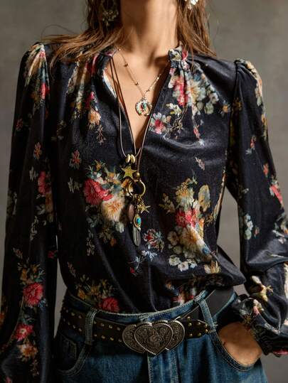 SoleilVie 女士优雅复古印花黑色丝绒V领衬衫