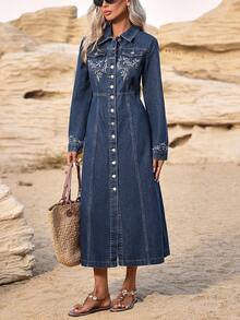EMERY ROSE Women's Floral Embroidered Long Sleeve Single-Breasted Casual Denim Dress Winter New Year - Dark Wash - View 2