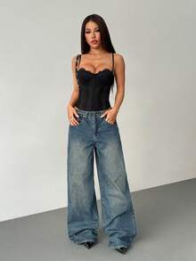 SHEIN PETITE 女士吊带蕾丝拼接黑色紧身胸衣性感新年连体衣，新年女士服装，女士紧身胸衣 - 黑色 - 查看 5