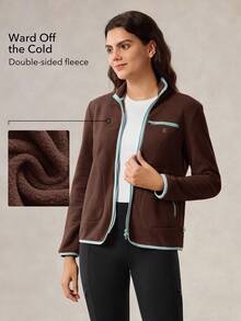 OutZeal 女士保暖抓绒立领前拉链口袋户外抓绒冬季徒步露营 - 棕色 - 查看 3