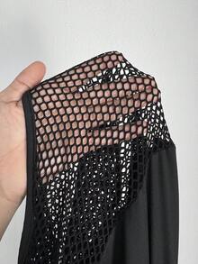 Whyspr Plus Size Women's Round Neck Chain & Mesh Patchwork Bodysuit, Fashionable & Sexy Mesh Bodysuit Club Outfits Women Sexy Set Mesh Two Piece Set Mesh Outfit Stripper Outfits For Women - Black - View 7