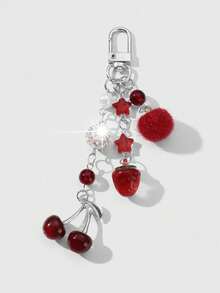 ROMWE Kawaii 1pc Y2K Chic Elegant High-Quality Silver Chain Star Dice Ribbon Bow Crystal Wing Heart Cherry Pendant Keychain, Suitable For Women/Girls Daily Wear, Holiday Gift - Burgundy-63 - View 9