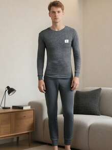 SHEIN Teen Boys' Slim Fit Gray Long Sleeve Top And Pants Set, Casual Collegiate Style, Comfortable And Versatile, Soft Fabric, Suitable For Daily Wear, School, Outings, Outdoor Activities, And Home, Base Layer For Autumn/Winter, Back To School Outfit Teen Loungewear Sets Teen Boys Cotton Sets Teen Boy Pajama Set Boys Cotton Pajama Sets - Grey - View 1