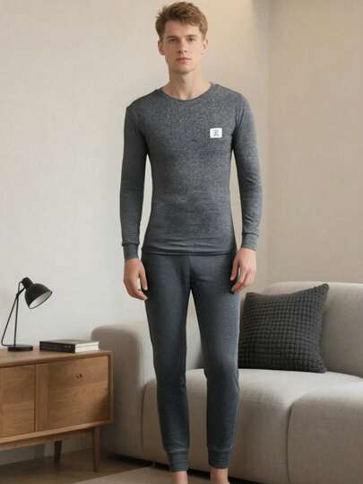 SHEIN Tonårspojkarsset med slim fit, grå långärmad topp och byxor, avslappnad collegestil, bekväm och mångsidig, mjukt tyg, lämplig för vardagsbruk, skola, utflykter, utomhusaktiviteter och hemmet, underställ för höst/vinter, outfit för skolstart