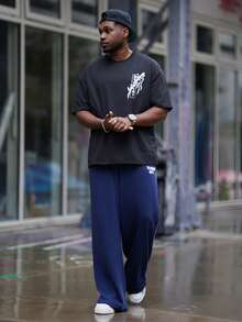 Heavens Edit Men's Casual Sword & Cherry Blossom Graphic Print Loose Fit Round Neck T-Shirt, Black - Black - View 2