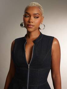 Denimoi Sleeveless Zip Front Wide Leg Denim Jumpsuit - Navy Blue - View 2