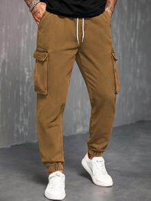 Manfinity Homme Men's Pocket Drawstring Waist Casual Workwear Versatile Daily Commute Jeans - Khaki - View 5