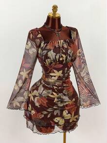 Amplova Vestido de manga acampanada con estampado vintage de flores, mariposas y hojas para tallas grandes - Marrón - Ver 4