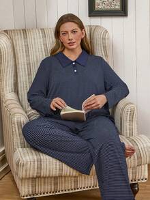Doze Lane Plus Size Casual Striped Contrast Color Polo Collar Long Sleeve Pajama Set Striped Pajama Set Blue Pj Set Women Knit Pajama Set - Multicolor - View 4