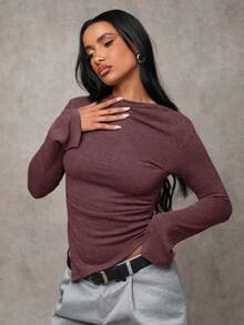 SHEIN BAE Women's Solid Color Long Sleeve Ruched Asymmetric Hem Fashionable Top - Burgundy - View 5