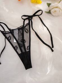 PetitDoll 2pcs Women's Lip Pattern Jacquard Mesh Underwear Set, Including Bra With Straps And Thong Panties, Lingerie - Black - View 4