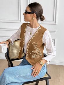 SHEIN Frenchy 女士复古花卉刺绣无袖衬衫 - 棕色 - 查看 6