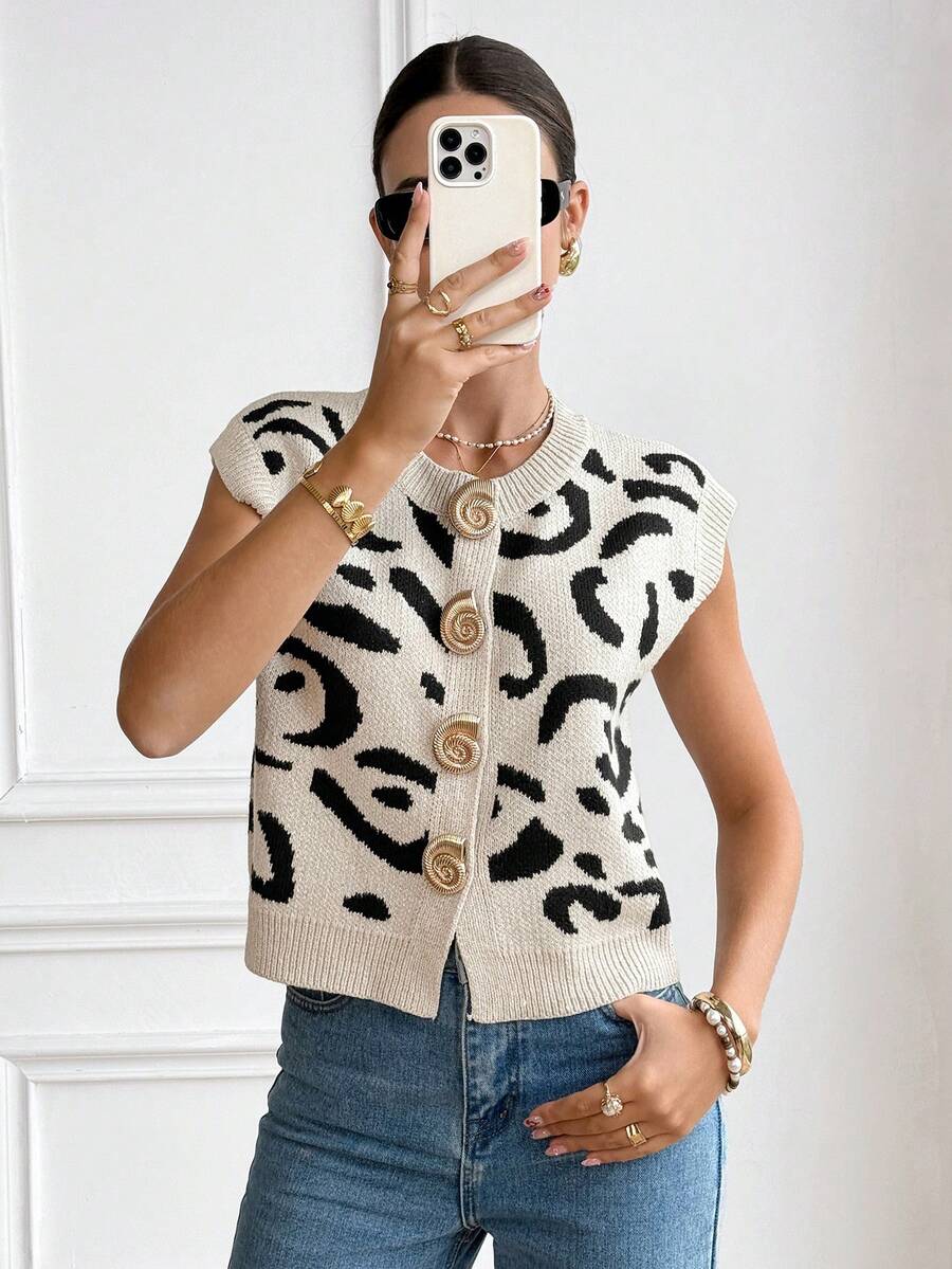 Serisse Women's French Casual Leopard Print Sleeveless Button-Down Knit Top With Metal Buttons,Spring Outfit Women,Summer Outfits,Going Out Tops For Women,Cheetah Print, - Multicolor - View 1