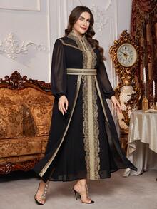 Layrah 大码女士优雅时尚奢华修身阿拉伯传统连衣裙，饰有缎带边 - 黑色 - 查看 4