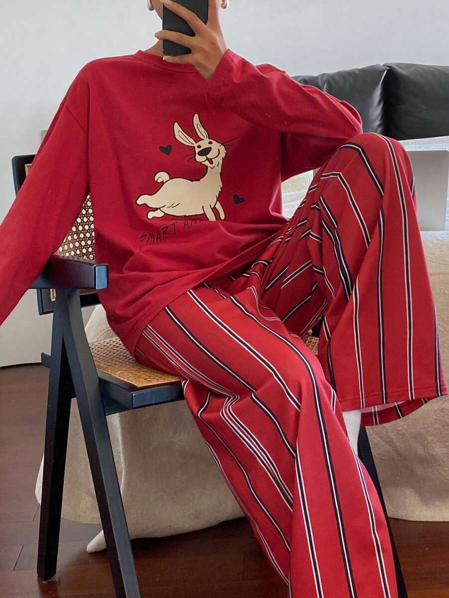 DAZY Cartoon Print Top And Striped Pajama Pants Women Sleepwear Set - Red - View 1