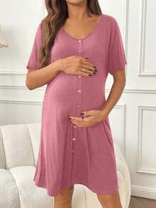 SHEIN 纯色舒适前开襟短袖产妇服 - 紅色 - 查看 4