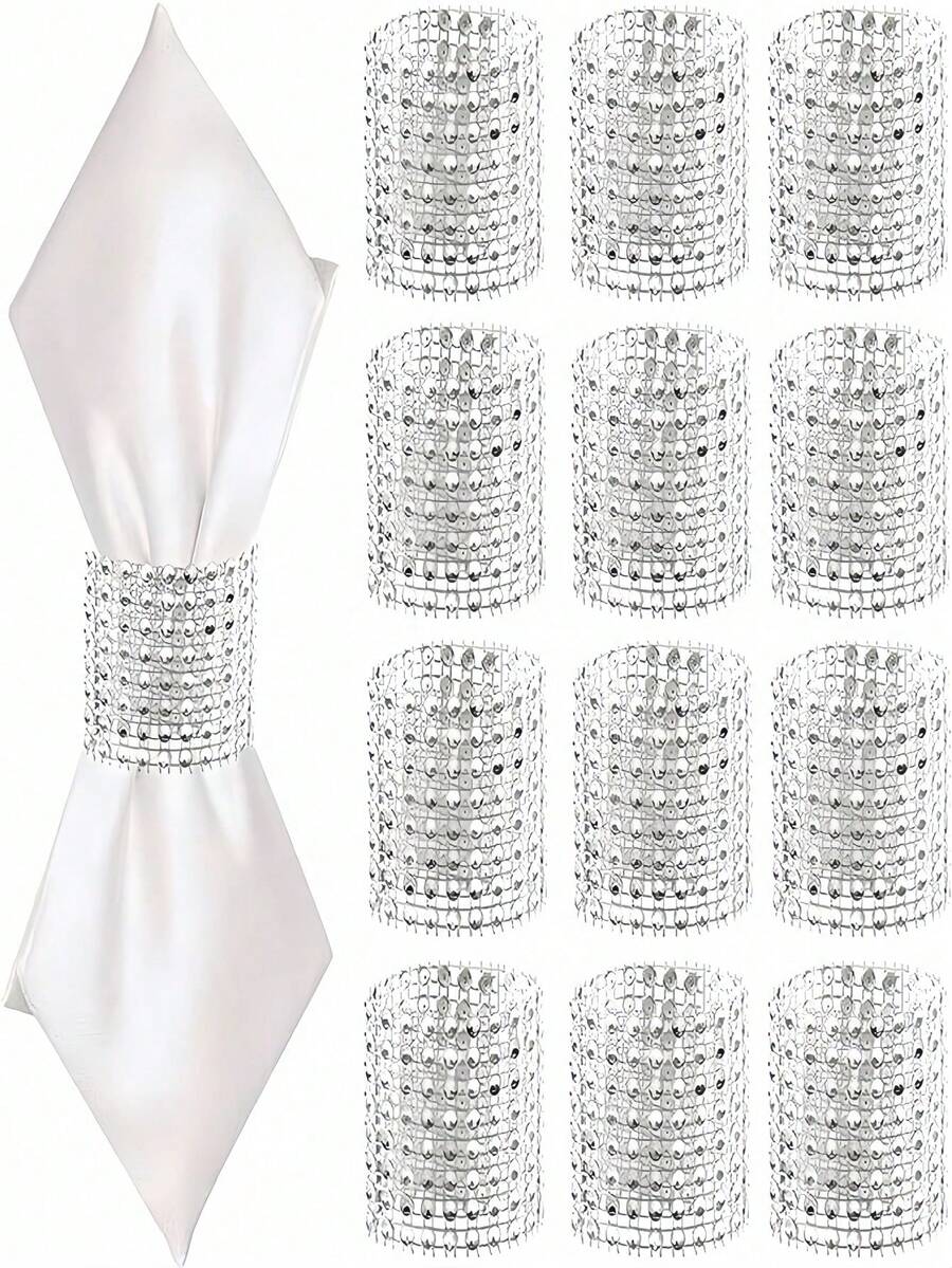 2/6/12/30/50PCS Diamond Napkin Rings Set, Luxury Rhinestone Napkin Holders For Christmas Wedding Dinner Party, Elegant Table Decorations For Anniversary Birthday Festival Holiday, Premium Hook & Loop Design, DIY Crafts, Gift For Women - Silver - View 1