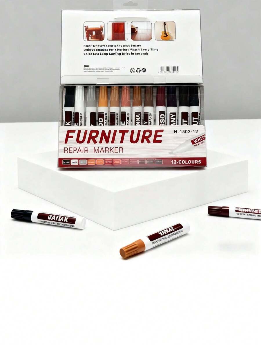 12 Piece Furniture Low Odor Repair Marker Pen Wood Cabinet Floor Touch Up Paint And Filler Stick Scratch Repair Set Touch Up Pen Composite Material Repair, Always Available At Home - one-size - View 1