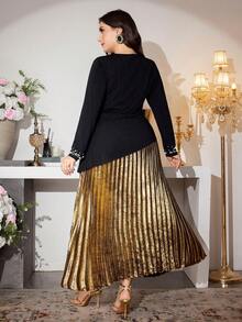 Modelyn 1 Set unregelmäßiger Perlen Dekor Design Schwarze Bluse & Goldener Rock, eleganter Damenstil, modisch & schlank, geeignet für Damen in Große Größen - Schwarz - Übersicht 2