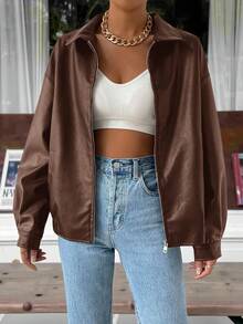 SHEIN EZwear 秋冬季落肩拉链PU短款皮夹克 - 棕色 - 查看 7