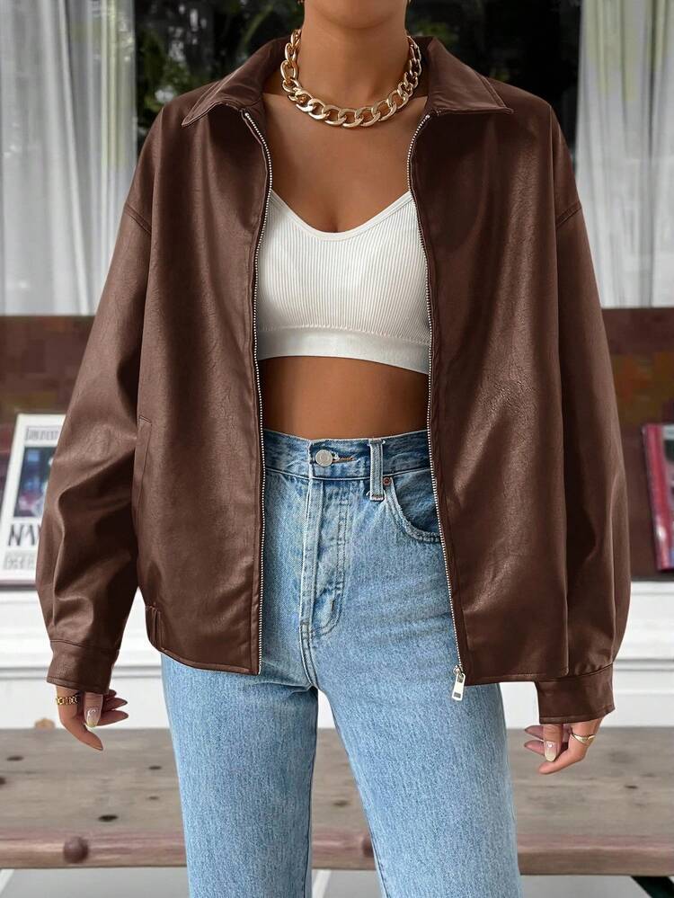 SHEIN EZwear Drop Shoulder Zip Up PU Cropped Leather Jacket In Fall/Winter - Brown - View 7