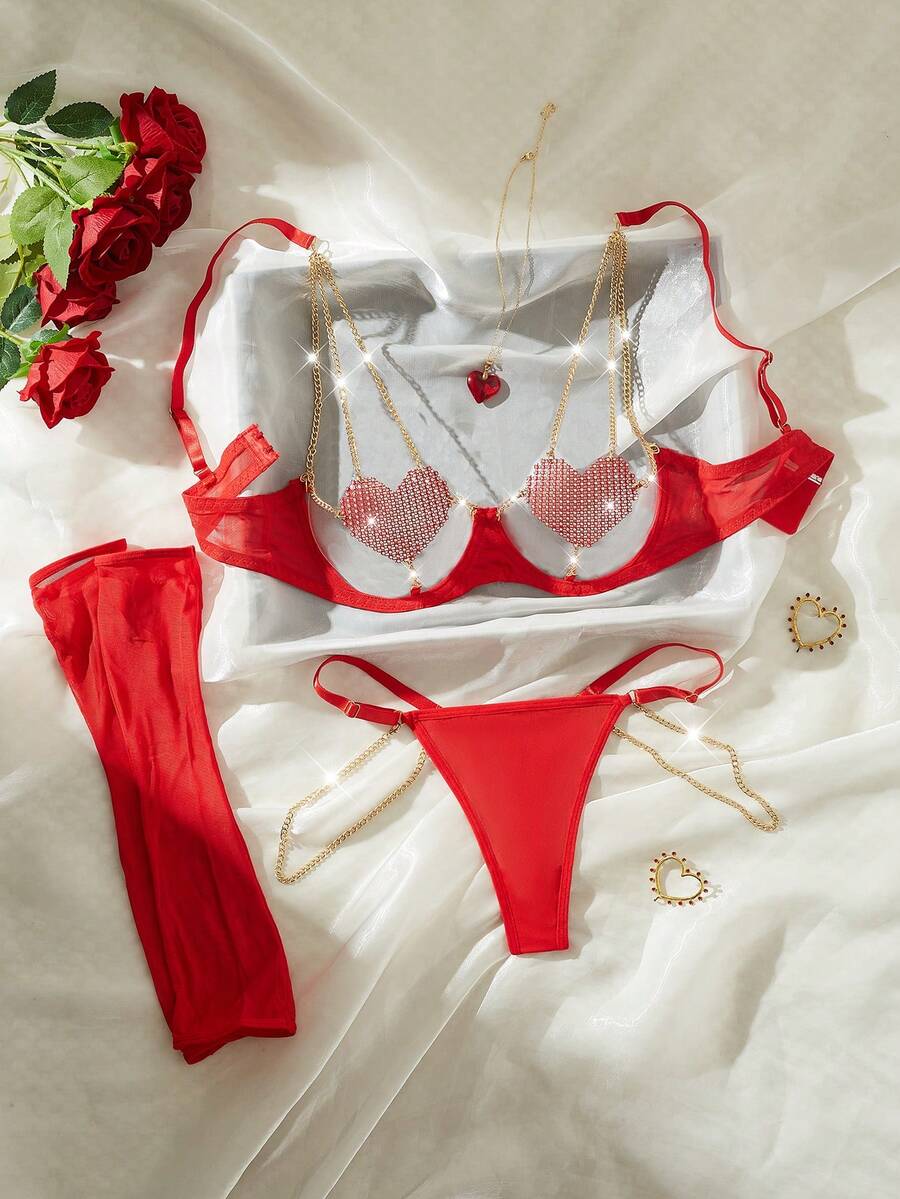 Women Rhinestone Heart Sexy Underwear 4-Piece Set, Rave For Going Out - Red - View 1