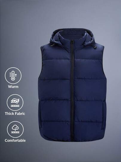 Driftmere 男士可拆卸帽子纯色背心冬装外套，秋冬季保暖，适合运动户外和日常休闲运动。