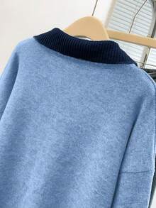 SHEIN PETITE CURVE 大码灰色V领撞色长袖毛衣，通勤舒适 - 淺藍色 - 查看 5