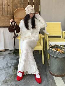 DAZY 女式韩版常规领休闲长袖毛衣和裙子两件套秋冬 - 米色 - 查看 10