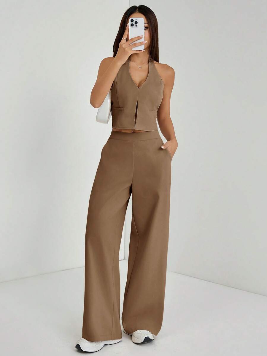SHEIN PETITE 夏季/夏季OL风V领无袖露背上衣搭配阔腿裤，显瘦显高，适合街头穿搭，棕褐色两件套女装